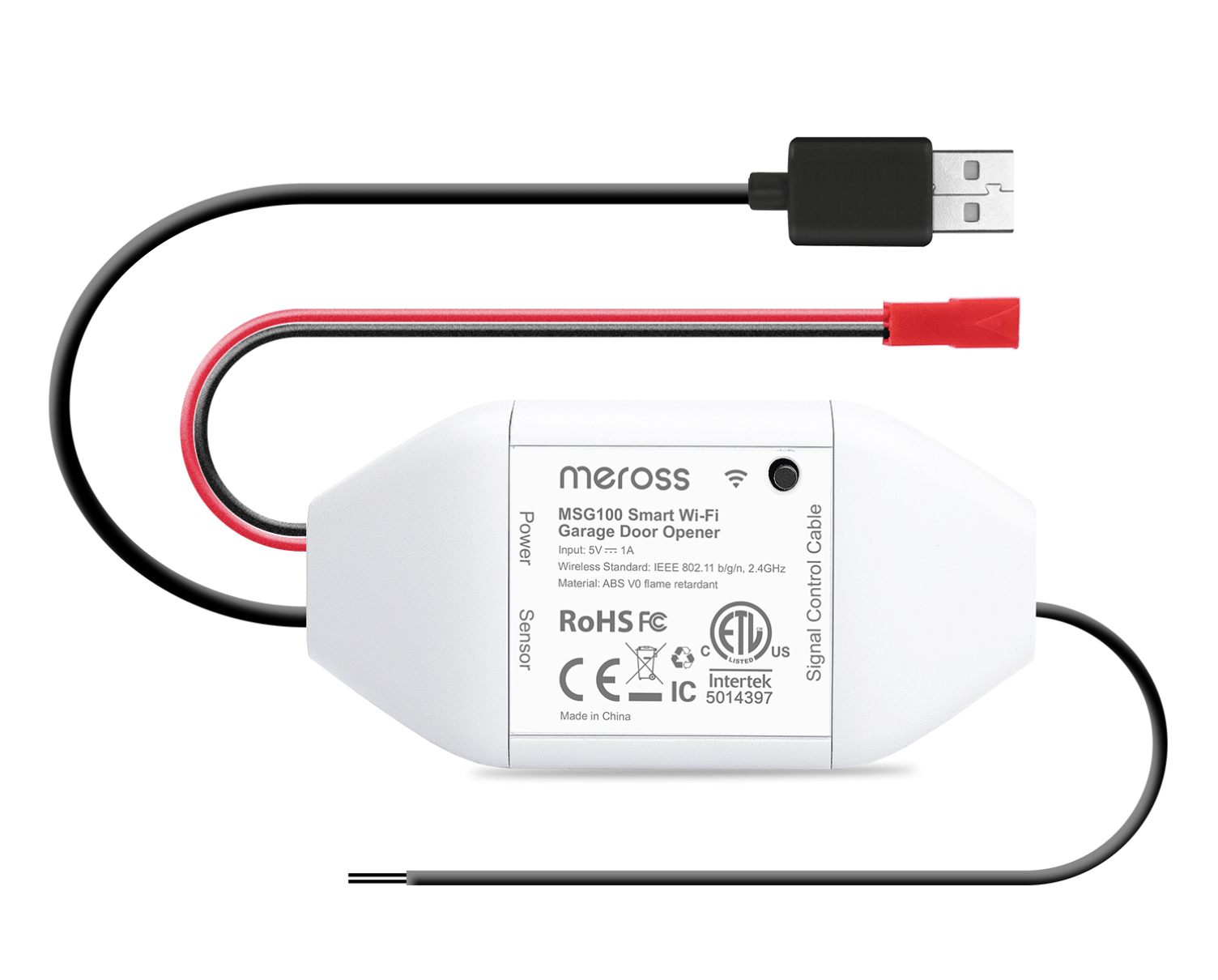 White device labeled Meross with black and red wires coming out