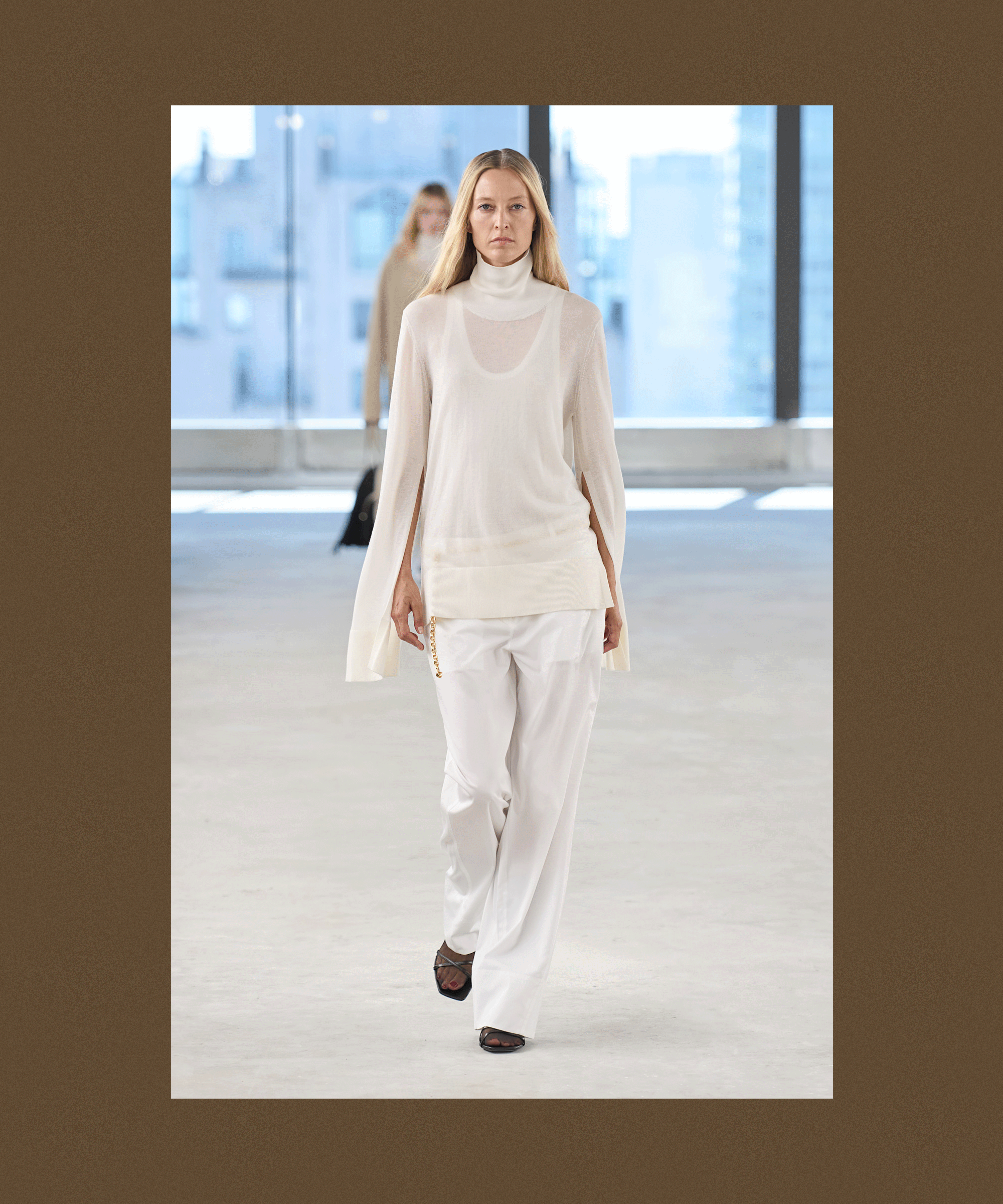 A brown backdrop with flashing images from the S/S 25 Toteme show, showcasing tights being styled with sandals for spring.