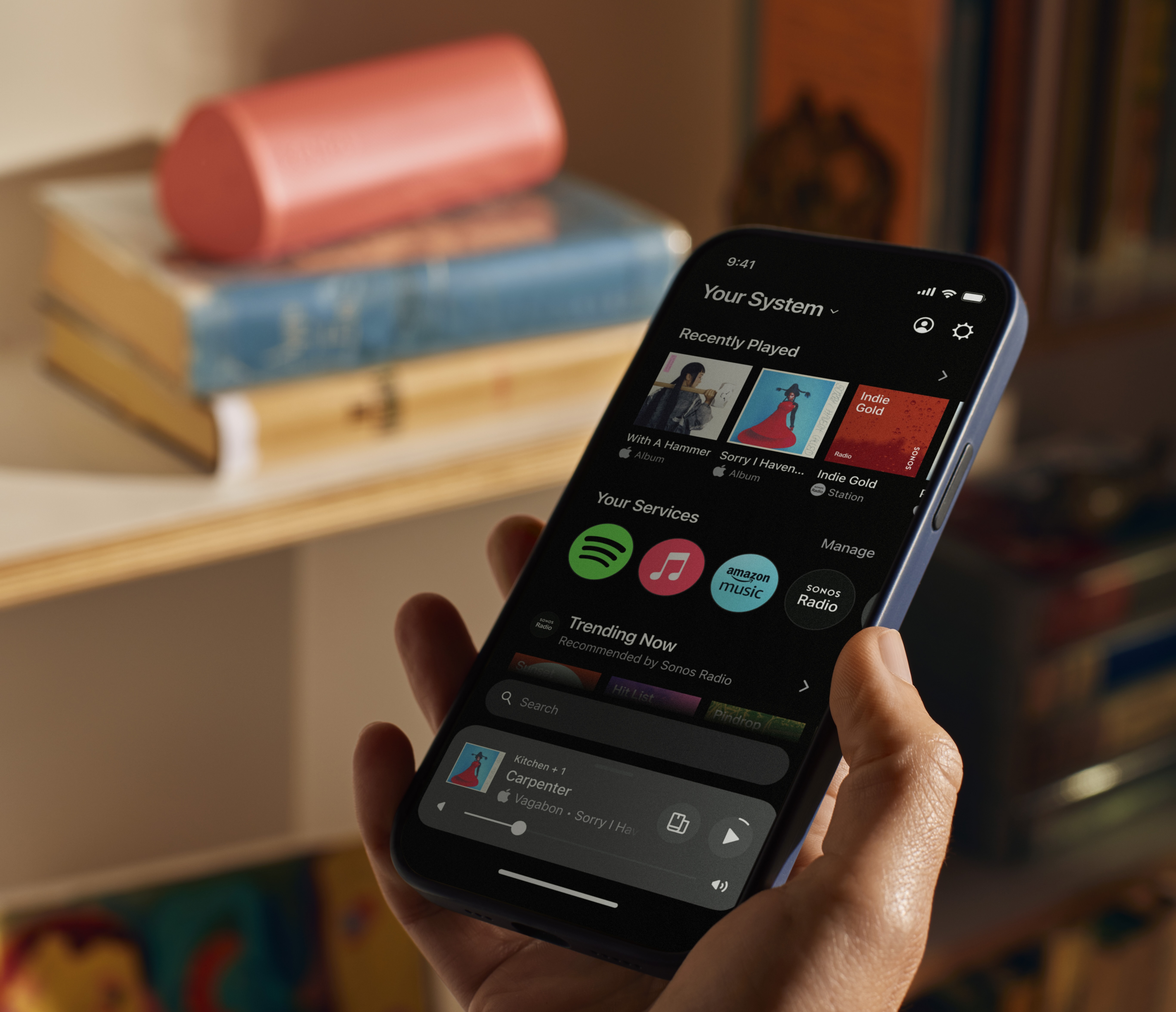 A marketing image of the new Sonos app.