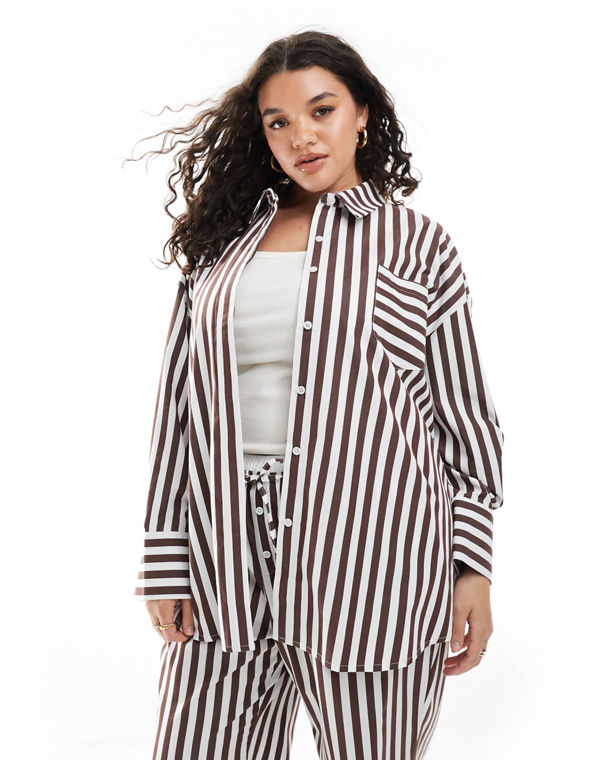 4th & Reckless Plus Cotton Oversized Pocket Detail Shirt in Brown Stripe - Part of a Set
