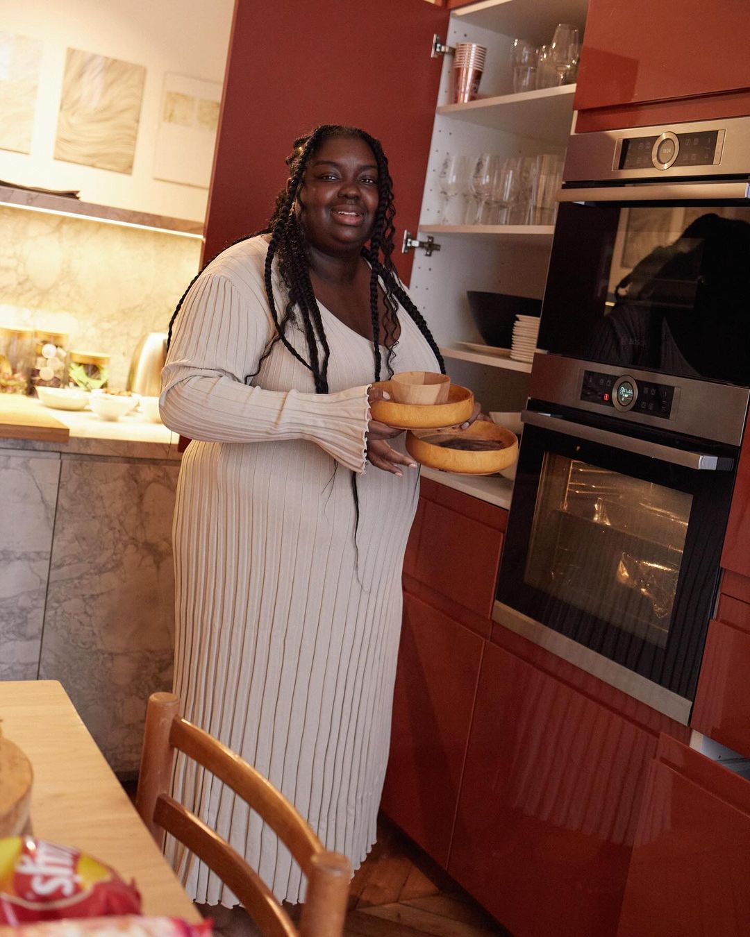 @abimarvel in a cream knit dress