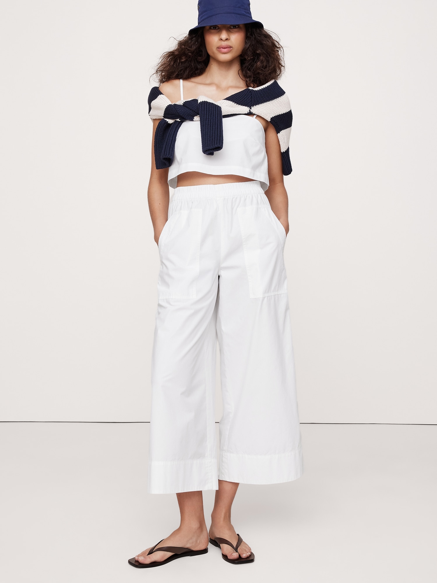Wide-Leg Pull-On Cotton Poplin Ankle Pant