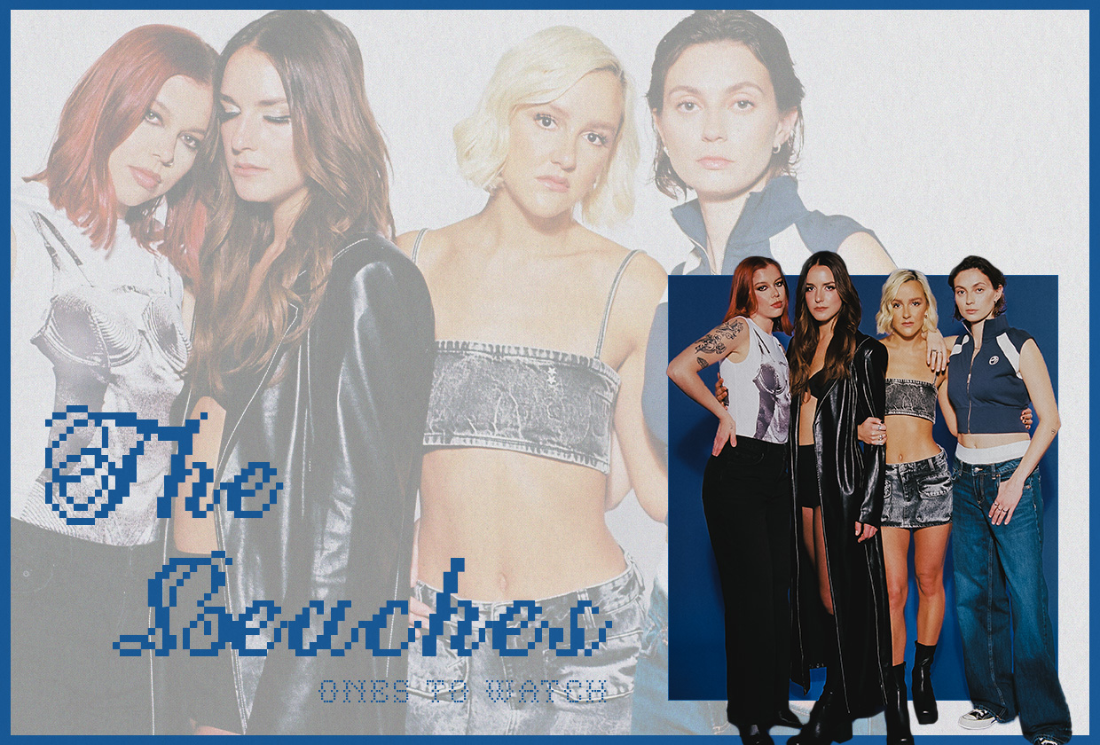 Designed image of all-female group The Beaches with a larger photo of the group faded in the background and smaller image of them inset on the bottom right. Their brand name is written in blue in the lower left corner in a pixelated font.