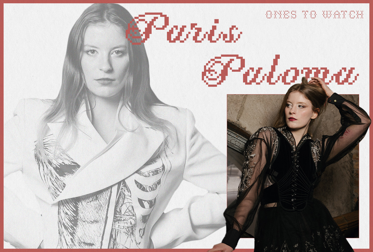 Designed image of artist Paris Paloma with a black-and-white photo of her on the left and a smaller color image of her on the bottom right. Her name is written in red in the top right corner in a pixelated font.