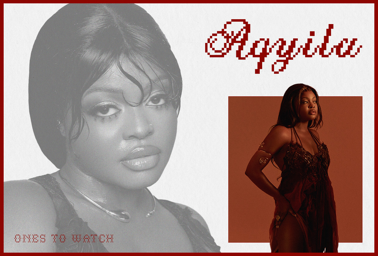 Designed image of artist Aqyila showing a larger black and white photo of her on the left with another shot of her inset wearing a black sheer dress on the bottom right. Her name is written on the top right corner in a pixelated font.