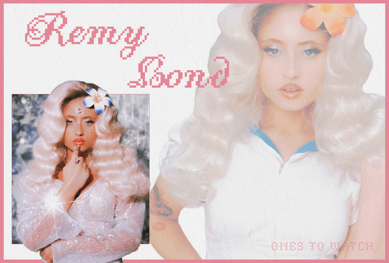 Designed image of artist Remy Bond with a photo of her on the bottom right and another larger photo of her faded on the left. Her name is in pink on the top left corner in a pixelated font.
