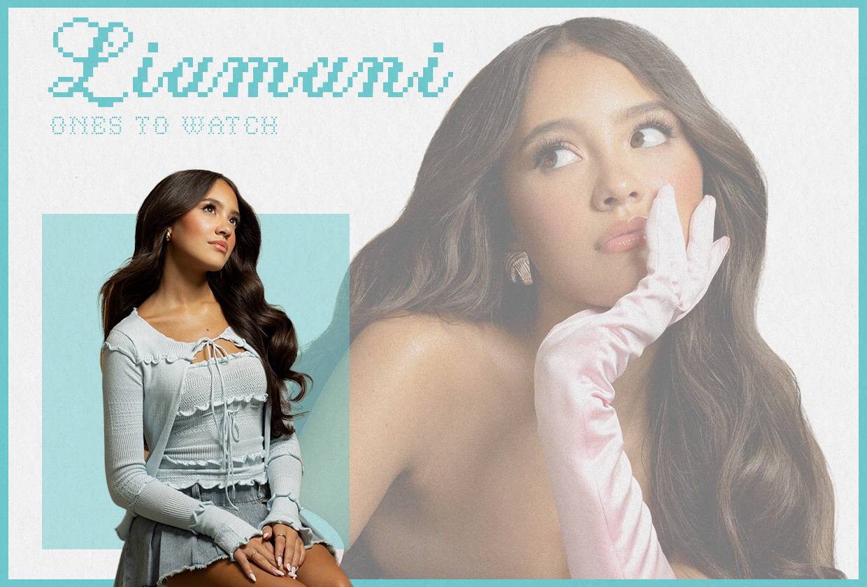 Designed image of artist Liamani with a smaller image of her on the bottom left and a larger image of her faded in the background. Her name is written in teal on the top left corner in a pixelated font.