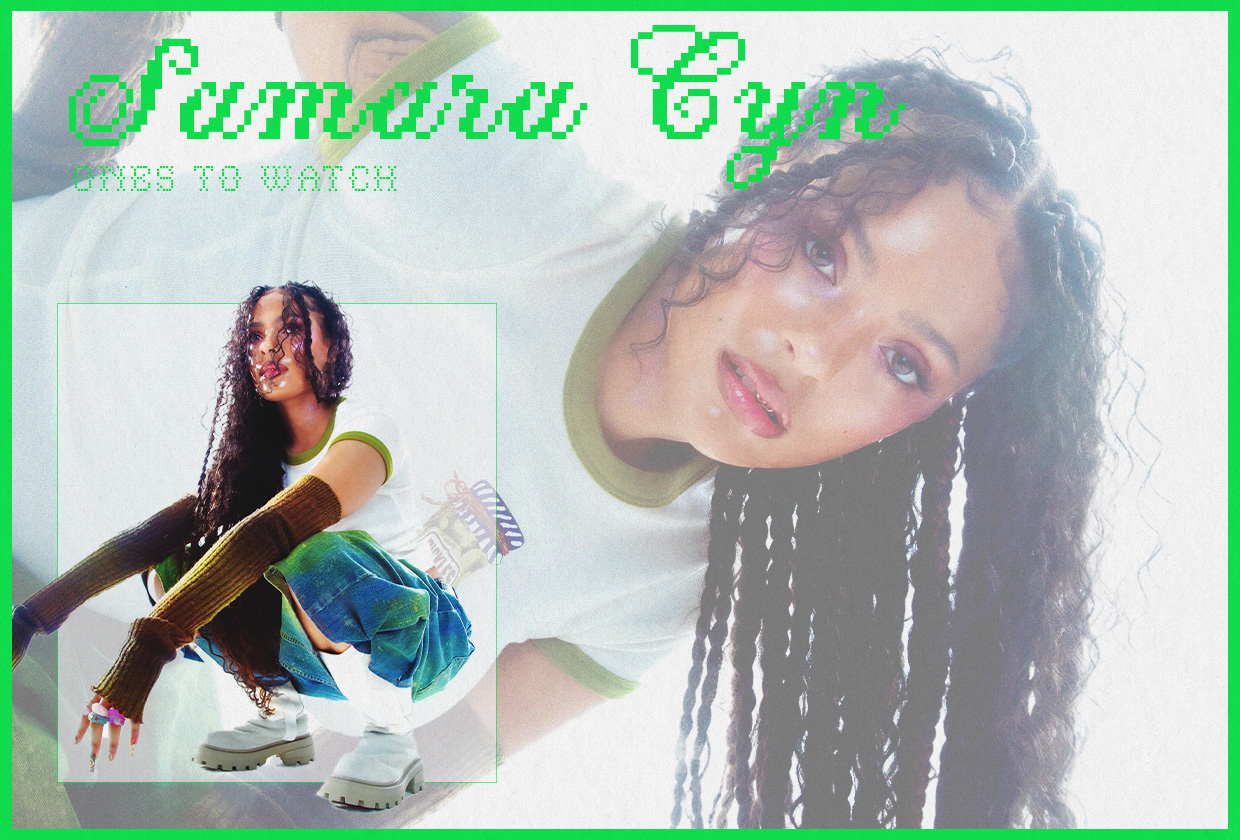 Design image of artist Samara Cyn with a larger image faded as the background and a smaller image of her crouching inset on the bottom left. Her name is written in neon green at the top of the slide in a pixelated font.