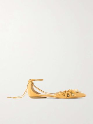 Gathered Embellished Leather Point-Toe Flats