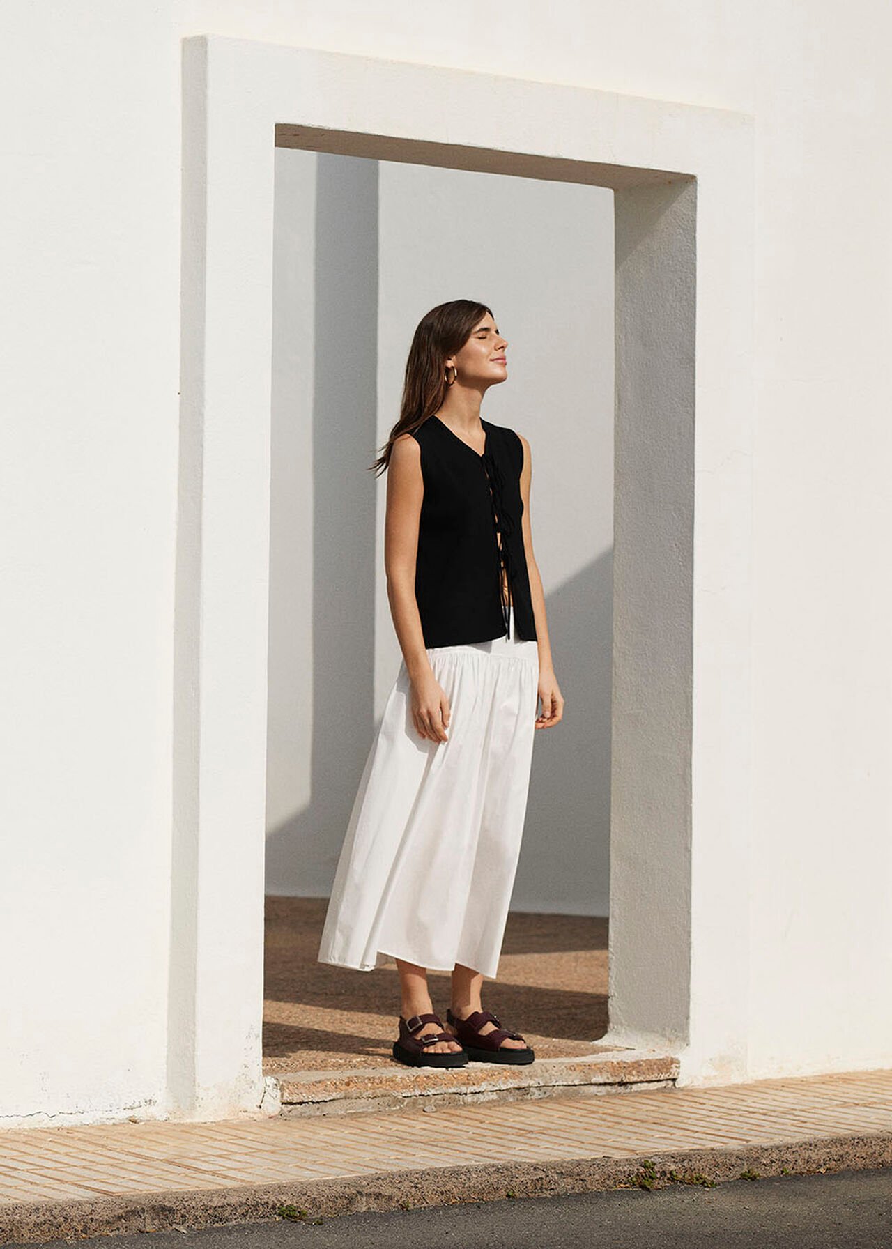 White Cotton Waisted Midi Skirt