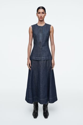 Raw Denim A-Line Midi Skirt