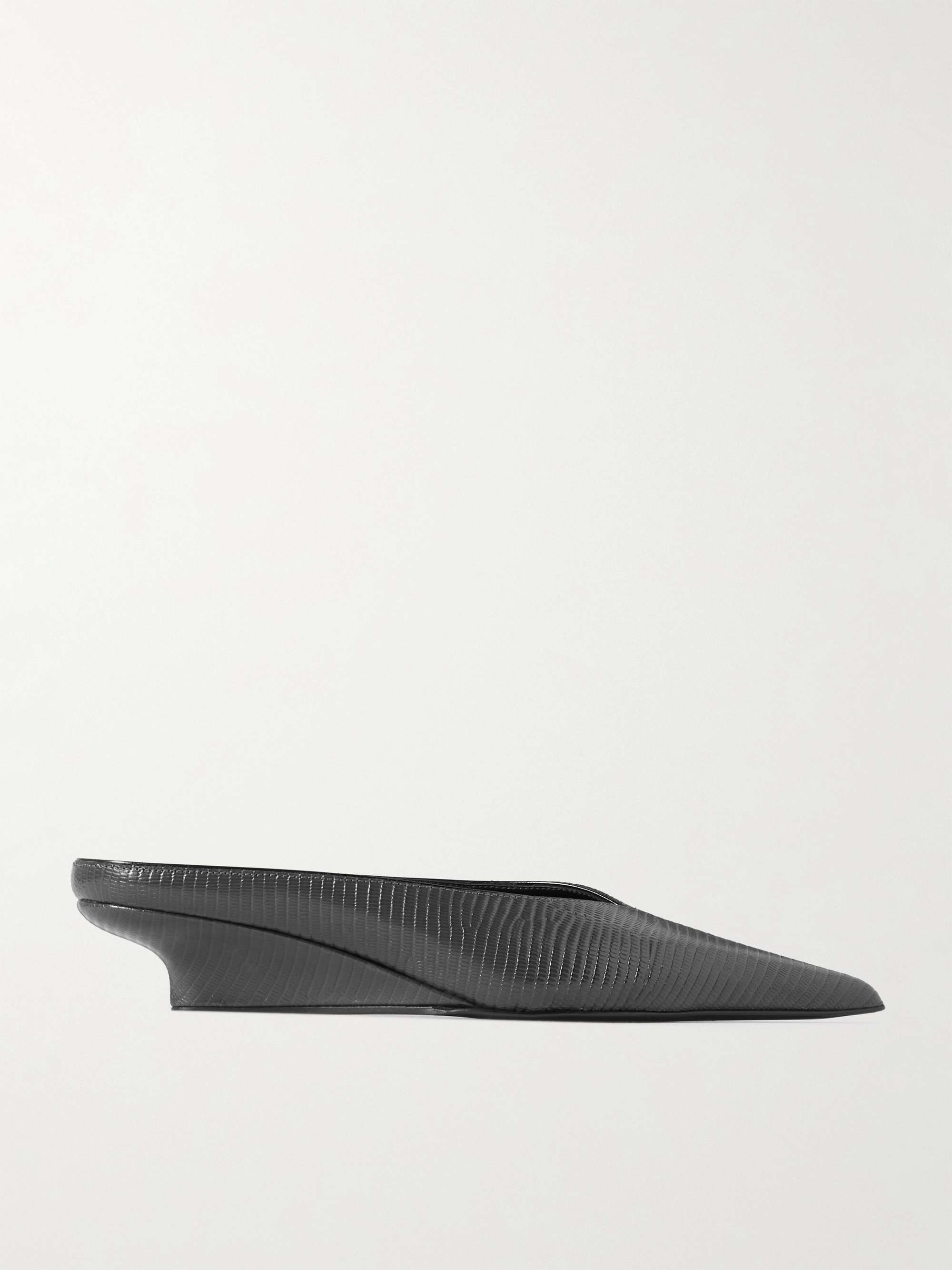 Lizard-Effect Leather Wedge Mules