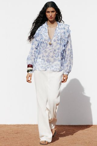 Printed Ruffled Pintuck Blouse