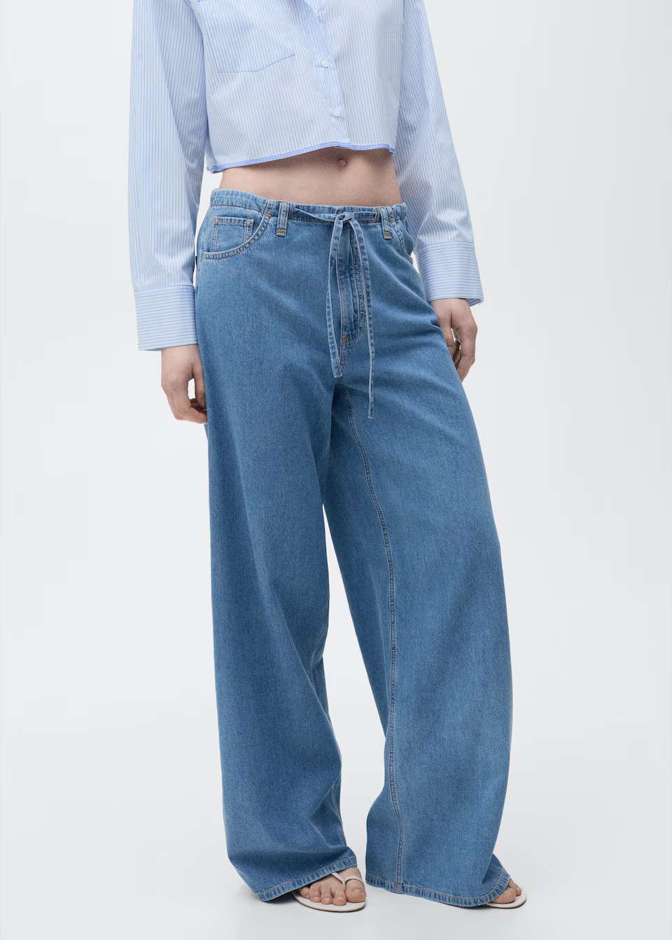 MANGO, Wideleg Denim Trousers With Belt - Women | Mango United Kingdom