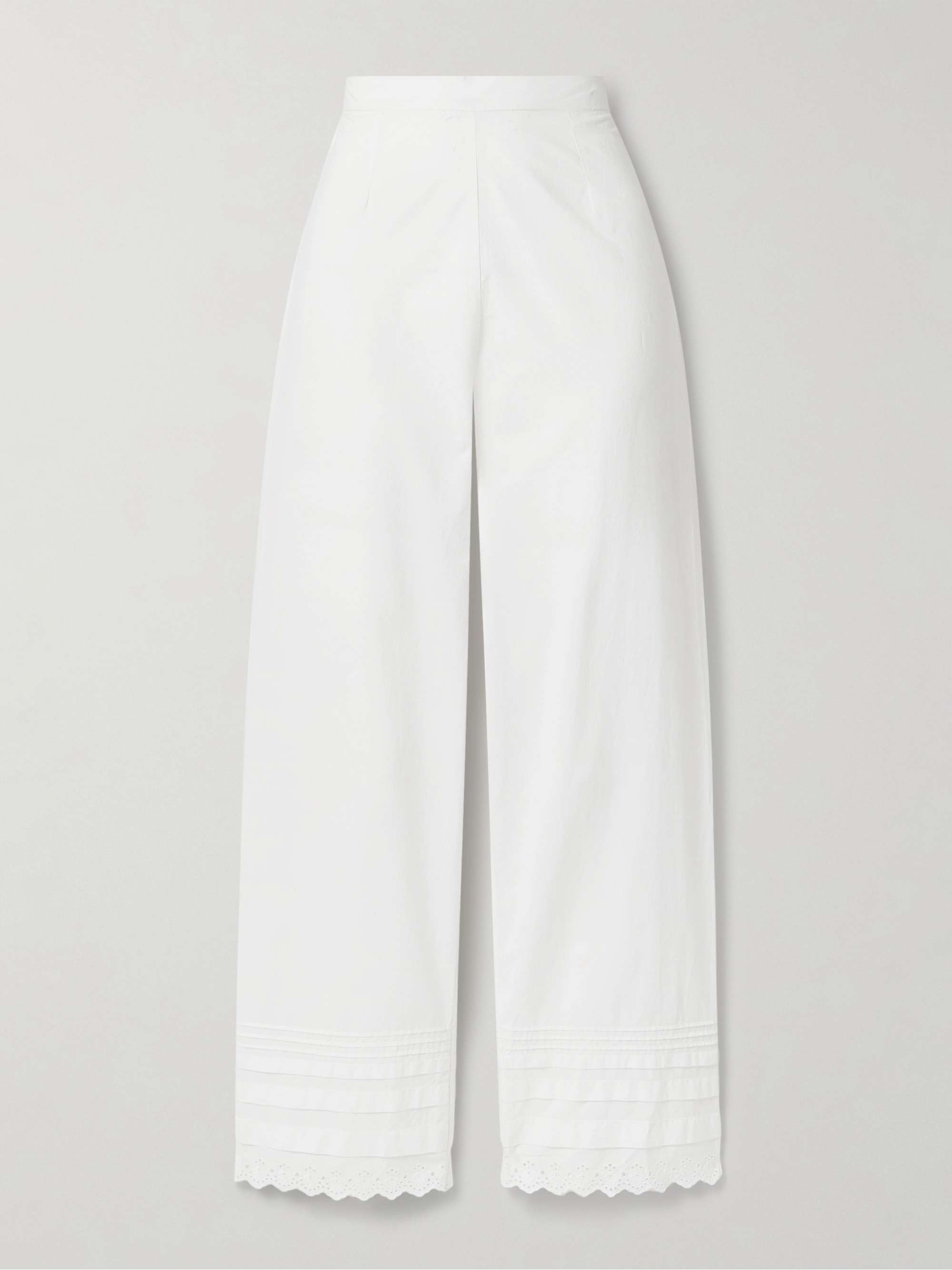 Francisca Broderie Anglaise-Trimmed Pintucked Organic Cotton-Poplin Straight-Leg Pants