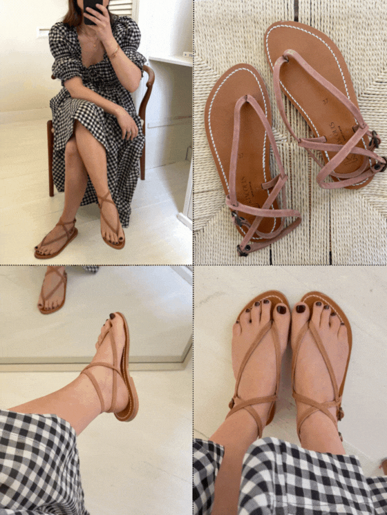 Shopping Editor Emily Dawes Wears Leather Sandals with Gingham dress