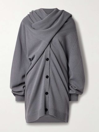 Oversized Scarf-Detailed Gathered Wool Cardigan
