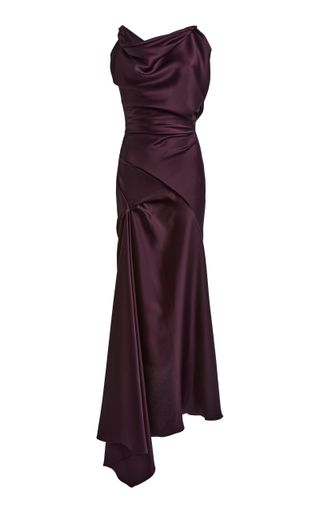 Asymmetric Draped Satin Midi Dress