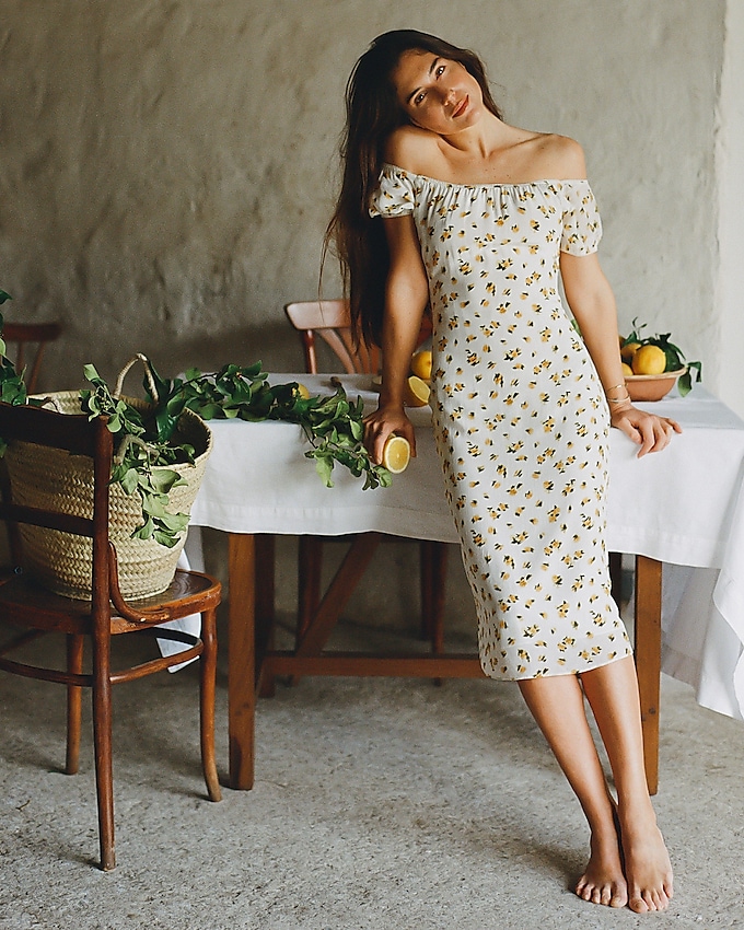 Off-The-Shoulder Slip Dress in Budding Rose Print