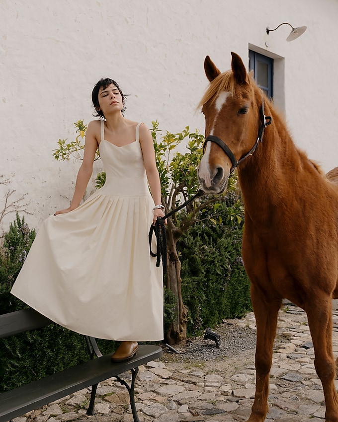 Pleated Drop-Waist Dress in Crinkle Cotton Blend