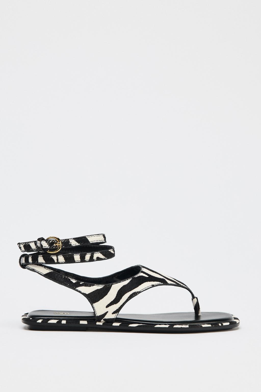 Animal Print Flat Leather Sandals With Sheepskin