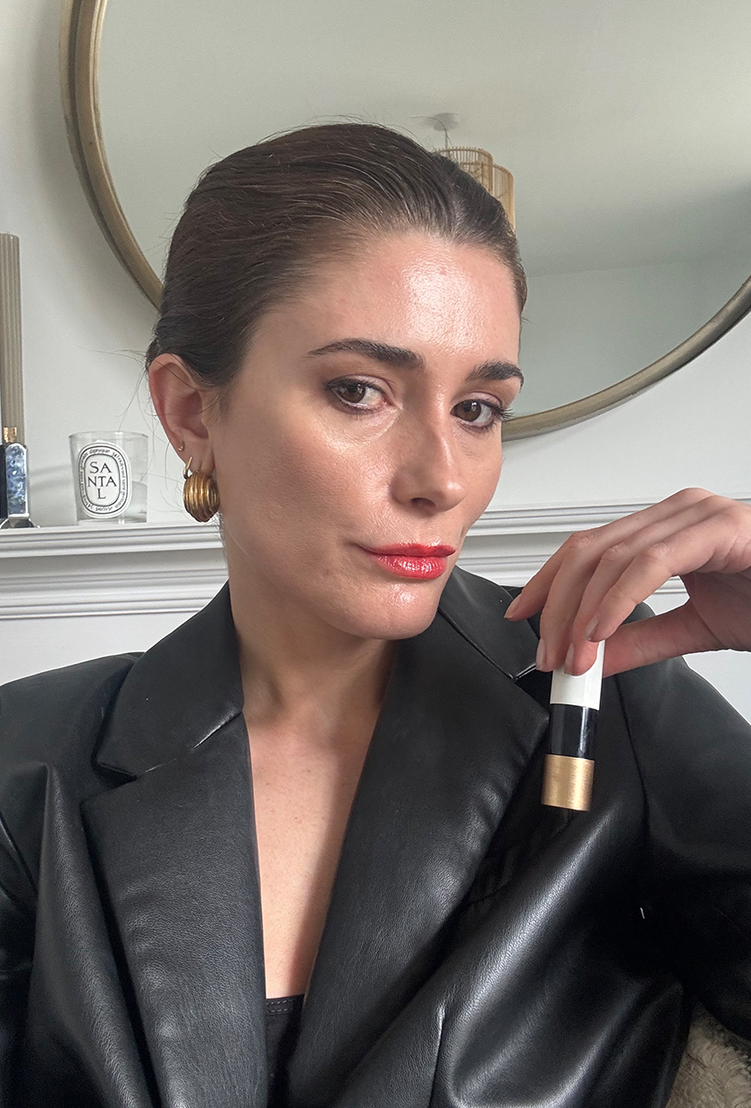 Eleanor wearing Hermes Rouge Hermes Silky Lipstick Shine in Rouge Amazone