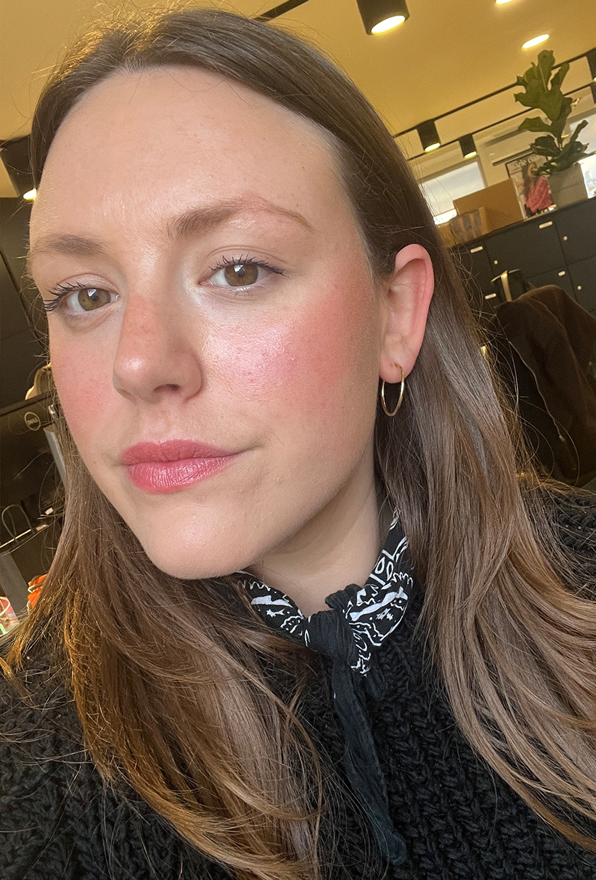 Poppy wearing Hermes silky lipstick shine in corail jaipur