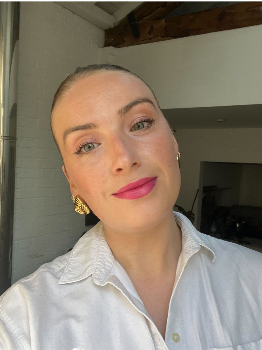 Sophie wearing Hermes silky shine lipstick in Rose Gelatine