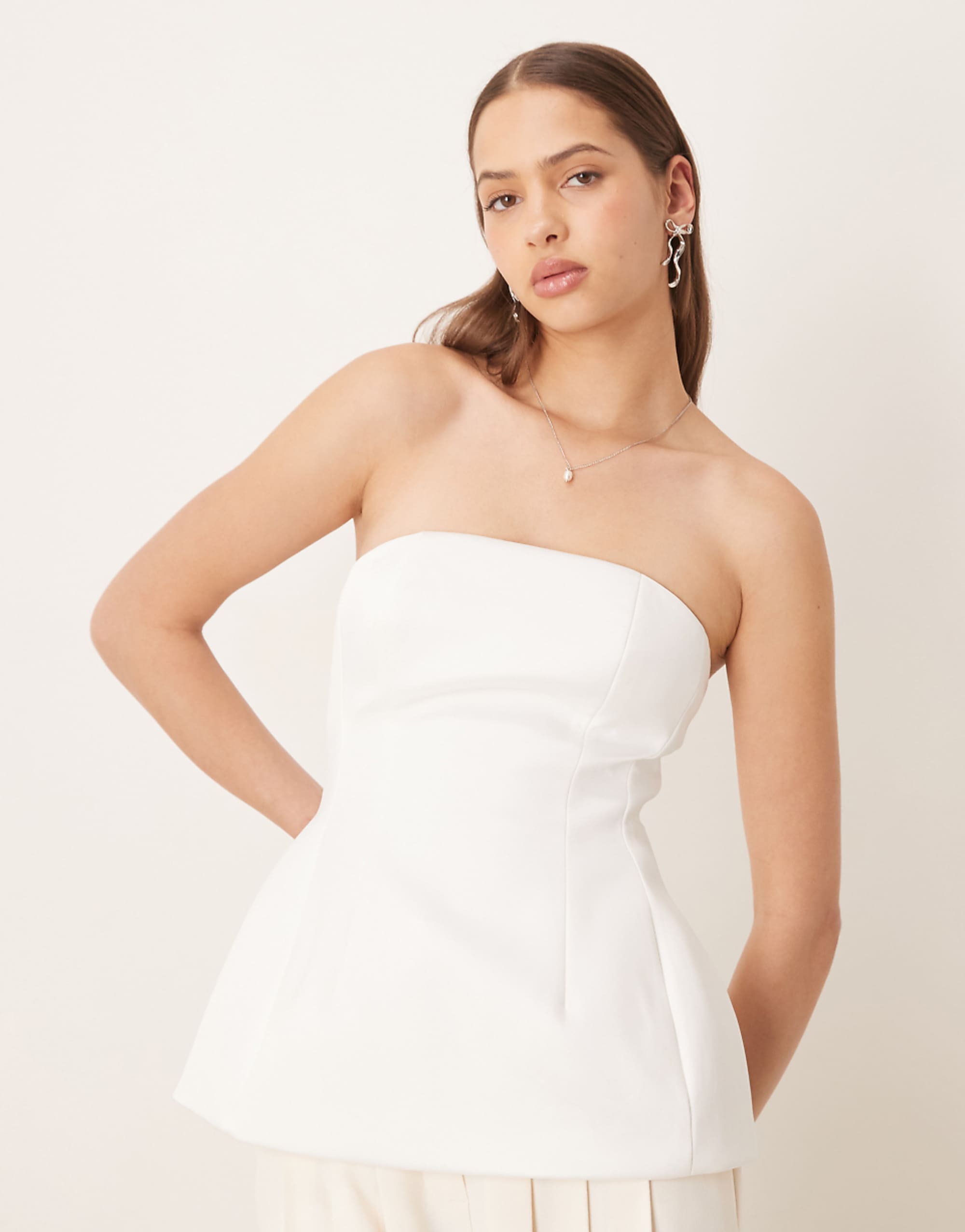 Asos Design Premium Structured Satin Peplum Hem Bandeau Top in White