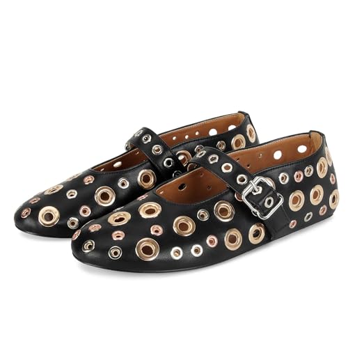 Micifa Ballet Flats for Women With Buckle Strap Black Mesh Perforated Metal Studded Mary Jane Comfortable Ballerina Flat Shoes Metallic