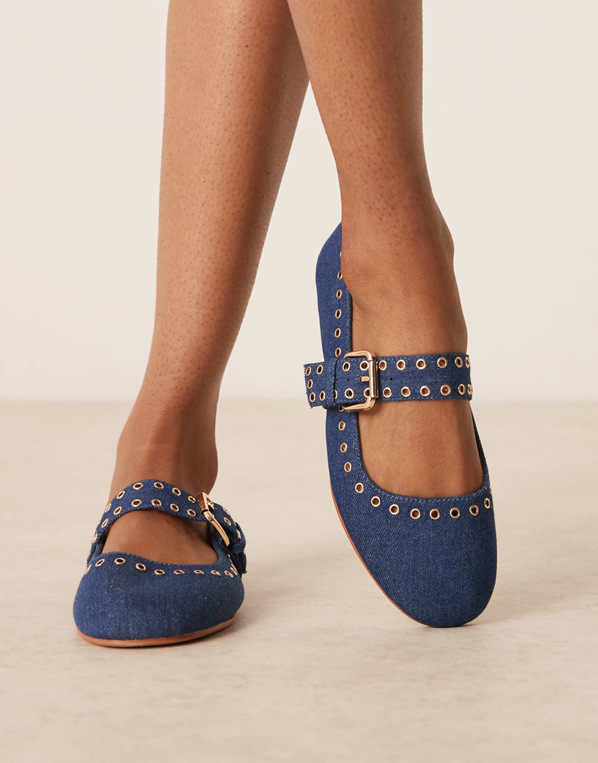 Asos Design Larson Grommet Mary Jane Ballet Flats in Dark Blue Denim