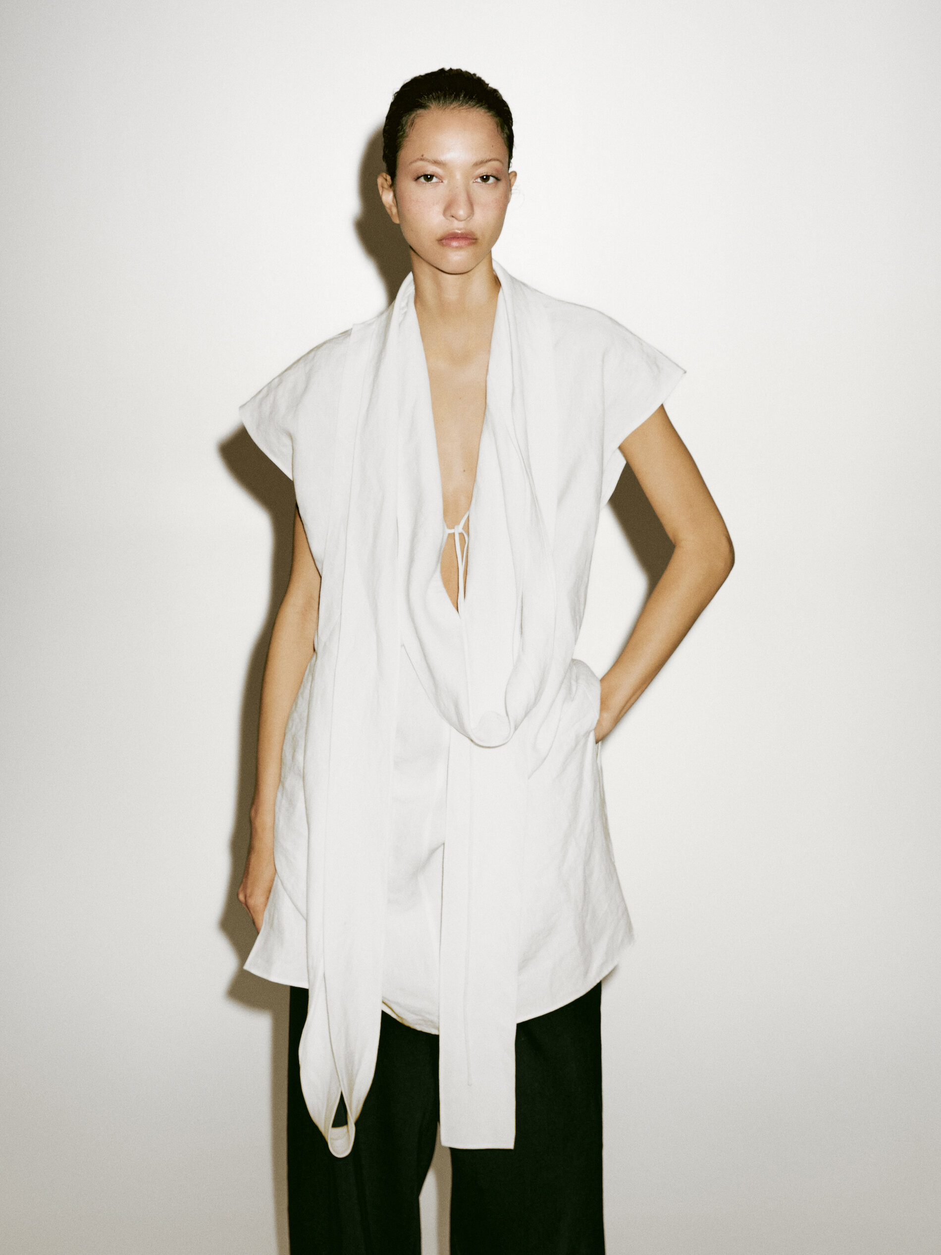 Linen Tunic Shirt With Scarf Detail - Limited Edition