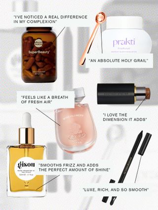 Collage of Pritika Swarup's favorite beauty products.