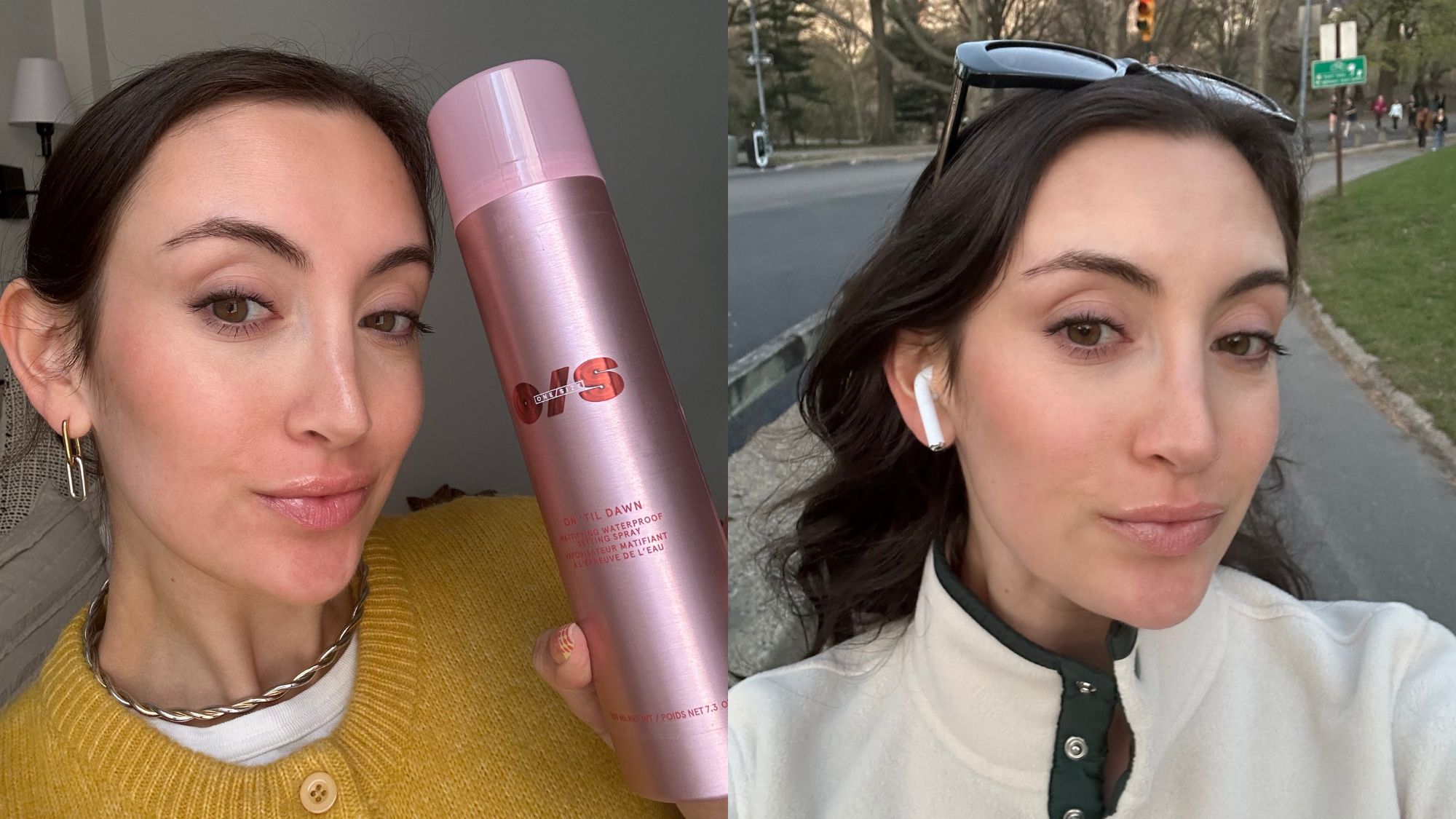 Alyssa Brascia before and after a work day, wearing One/Size setting spray.