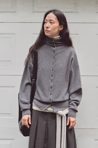 High-Neck Merino Wool Cardigan - Dark Gray / 2