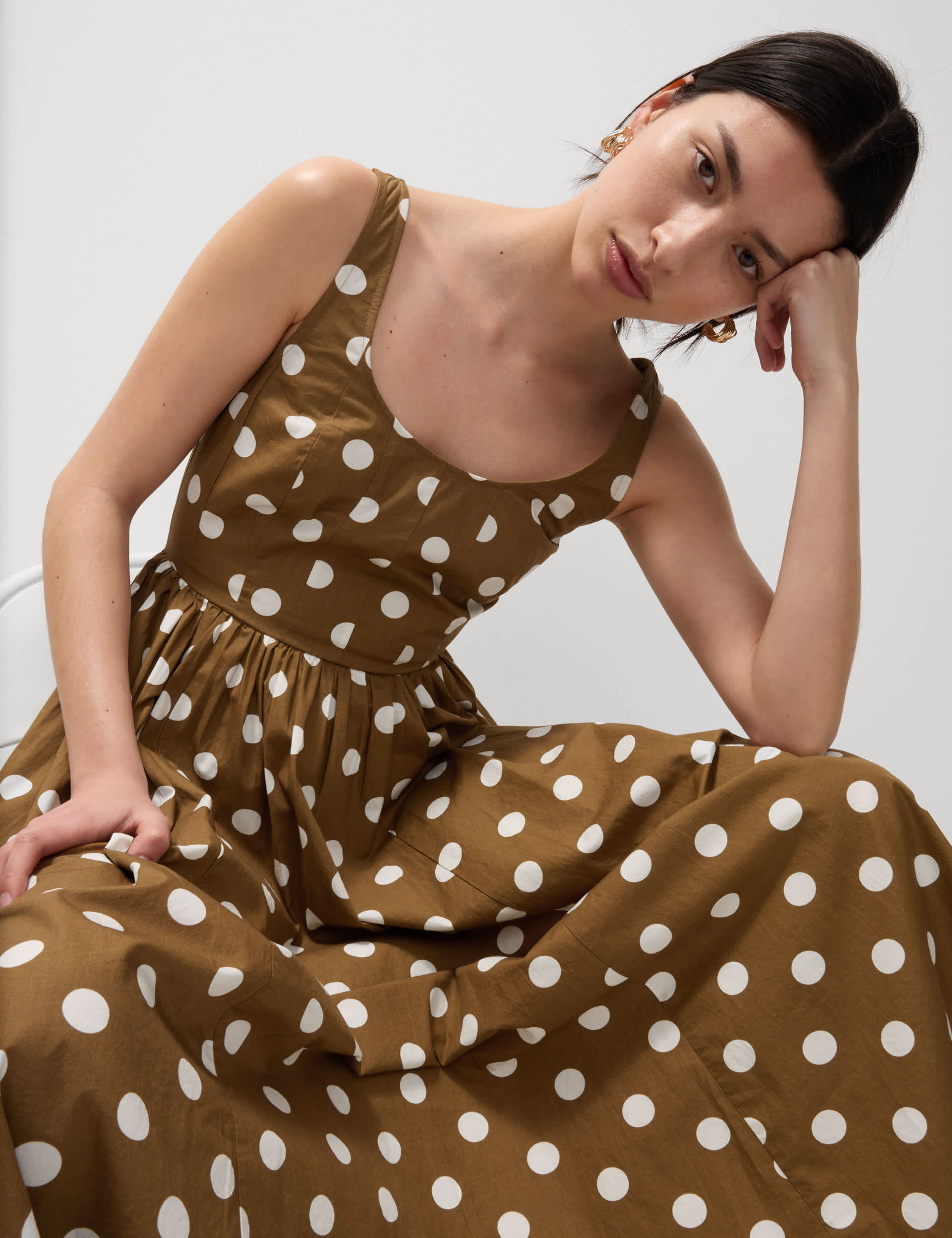 Pure Cotton Polka Dot Scoop Neck Midi Waisted Dress