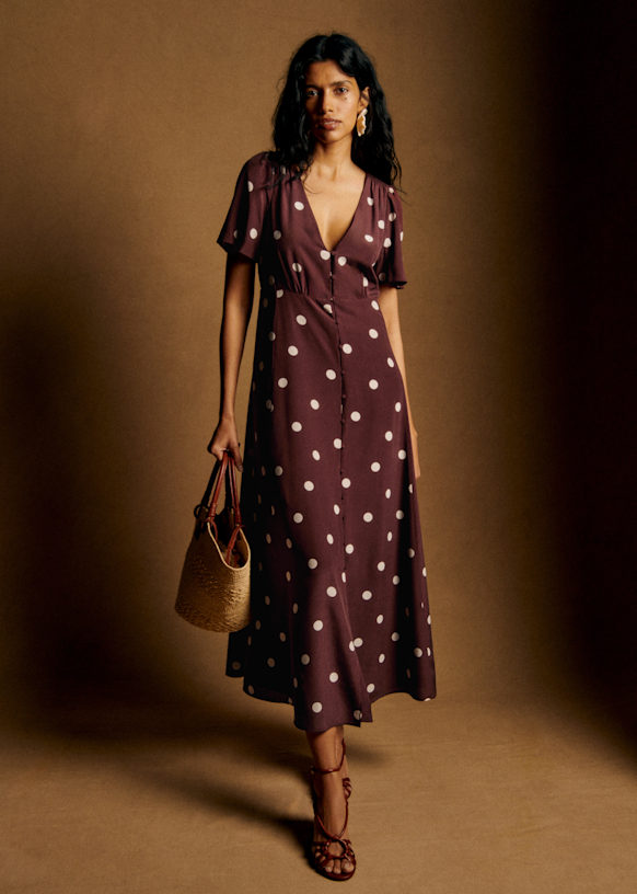 Solia Dress - Ecru Polka Dots on Chocolate Print - Silk - Sézane