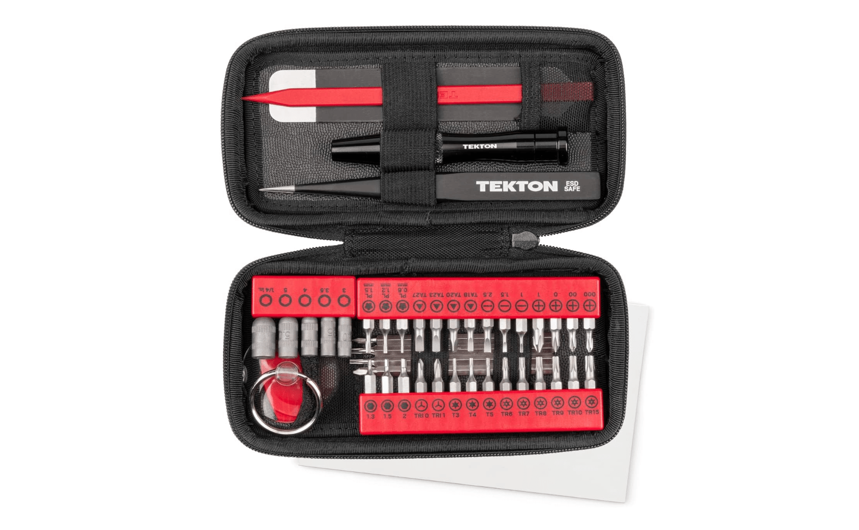 Open screwdriver tool kit showing all the various bits and parts.