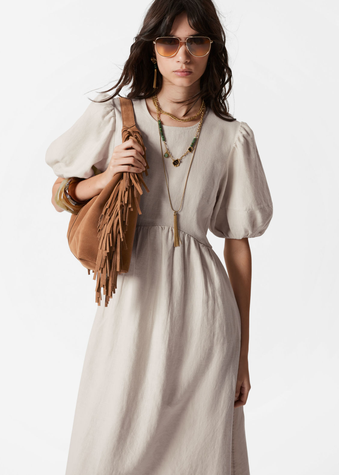 Puff-Sleeve Midi Dress