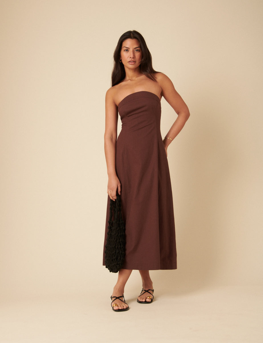 Brown Bandeau Linen-Blend Gayle Midi Dress