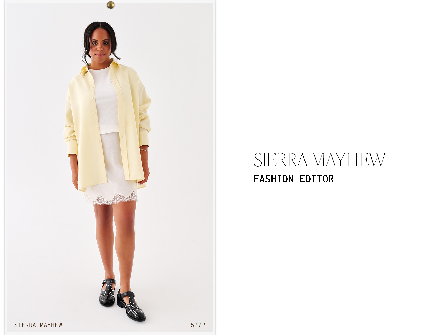 Sierra Mayhew wearing a pastel shirt.