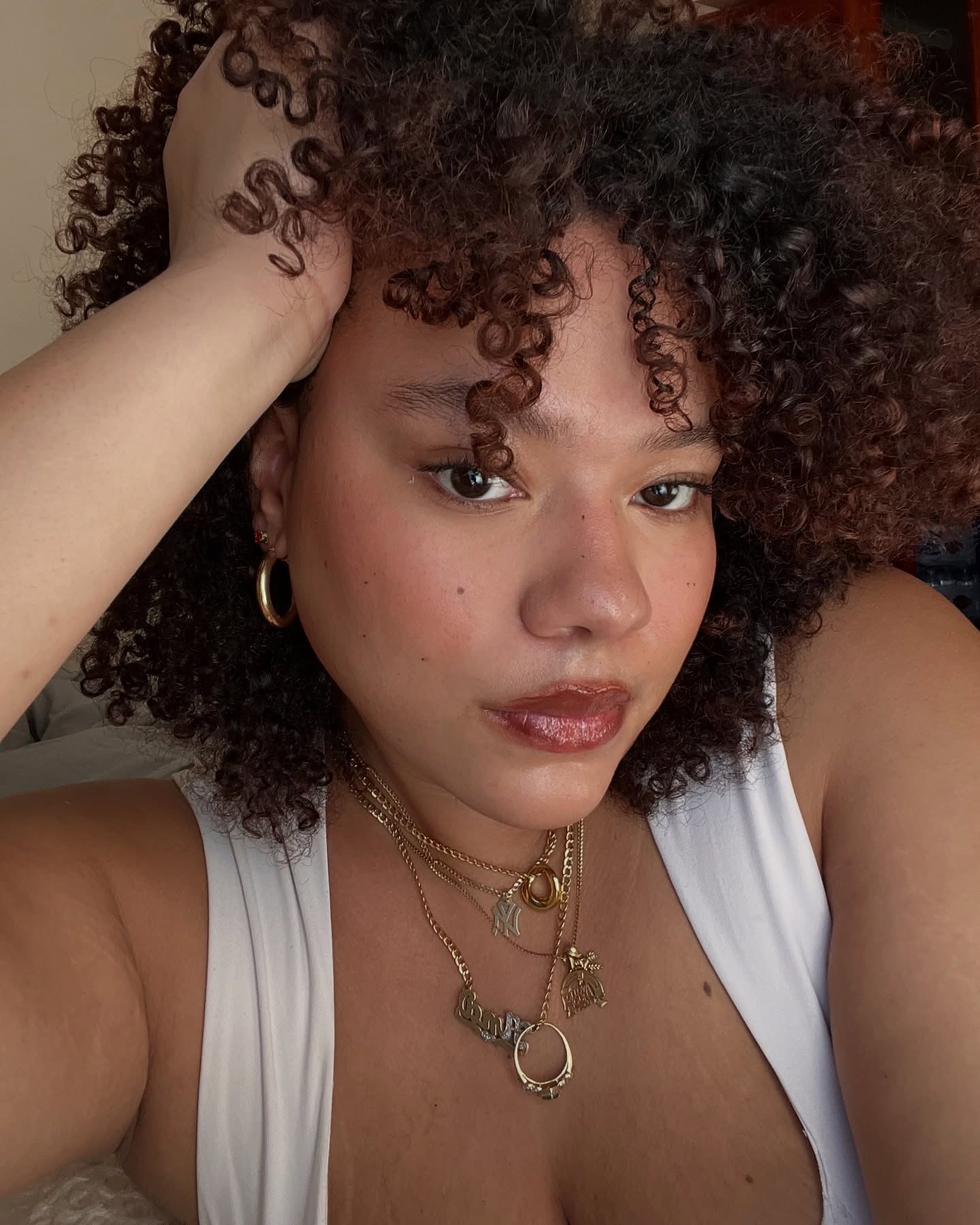 Woman with blurred, contoured lips.