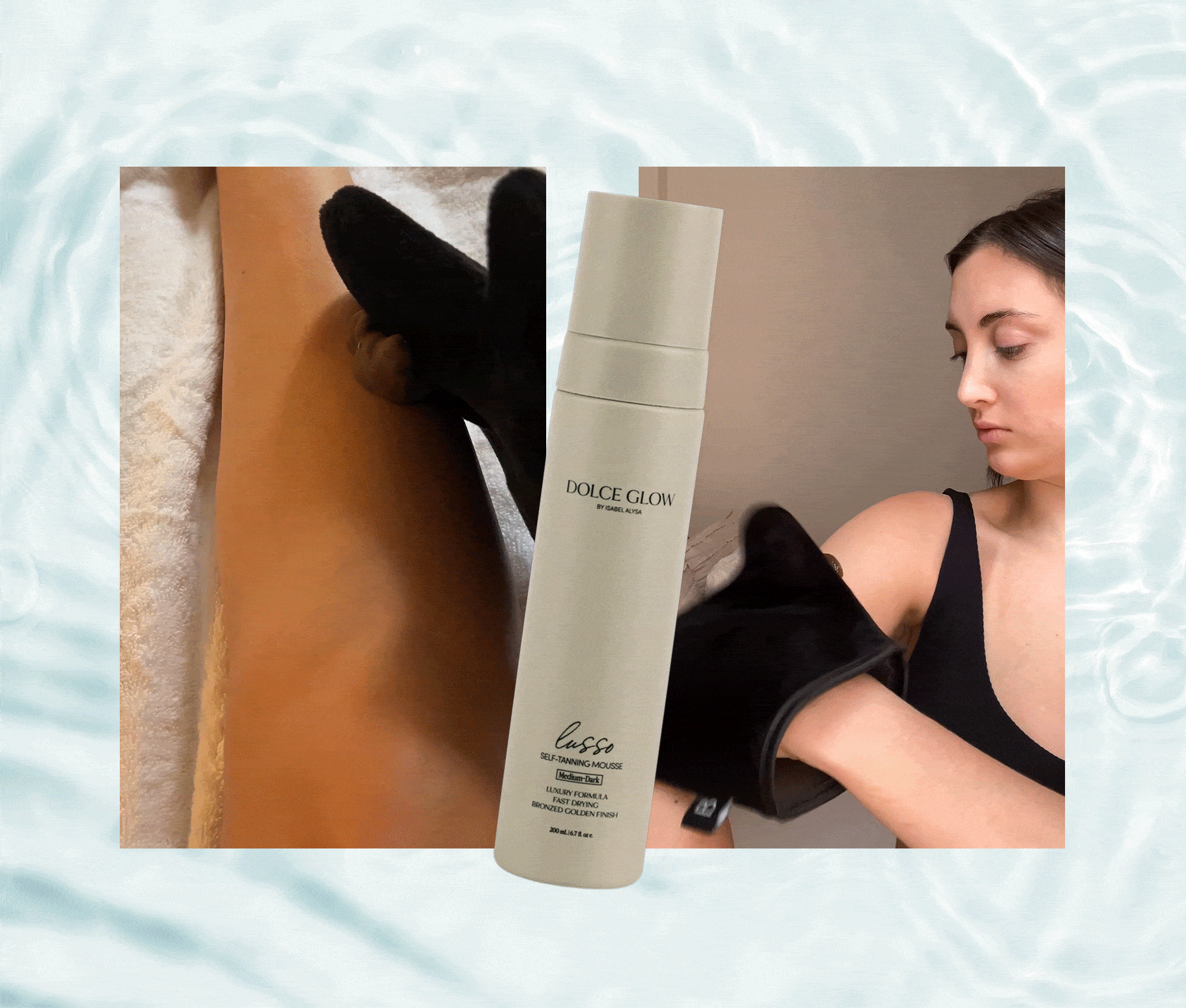 Alyssa Brascia applying the Dolce Glow Lusso Self-Tanning Mousse.