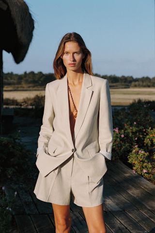 Printed Linen Blend Cuffed Blazer