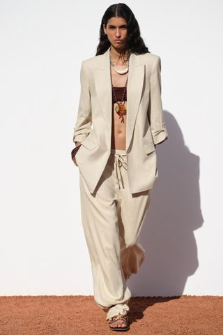 Linen Blend Blazer With Rolled-Up Sleeves