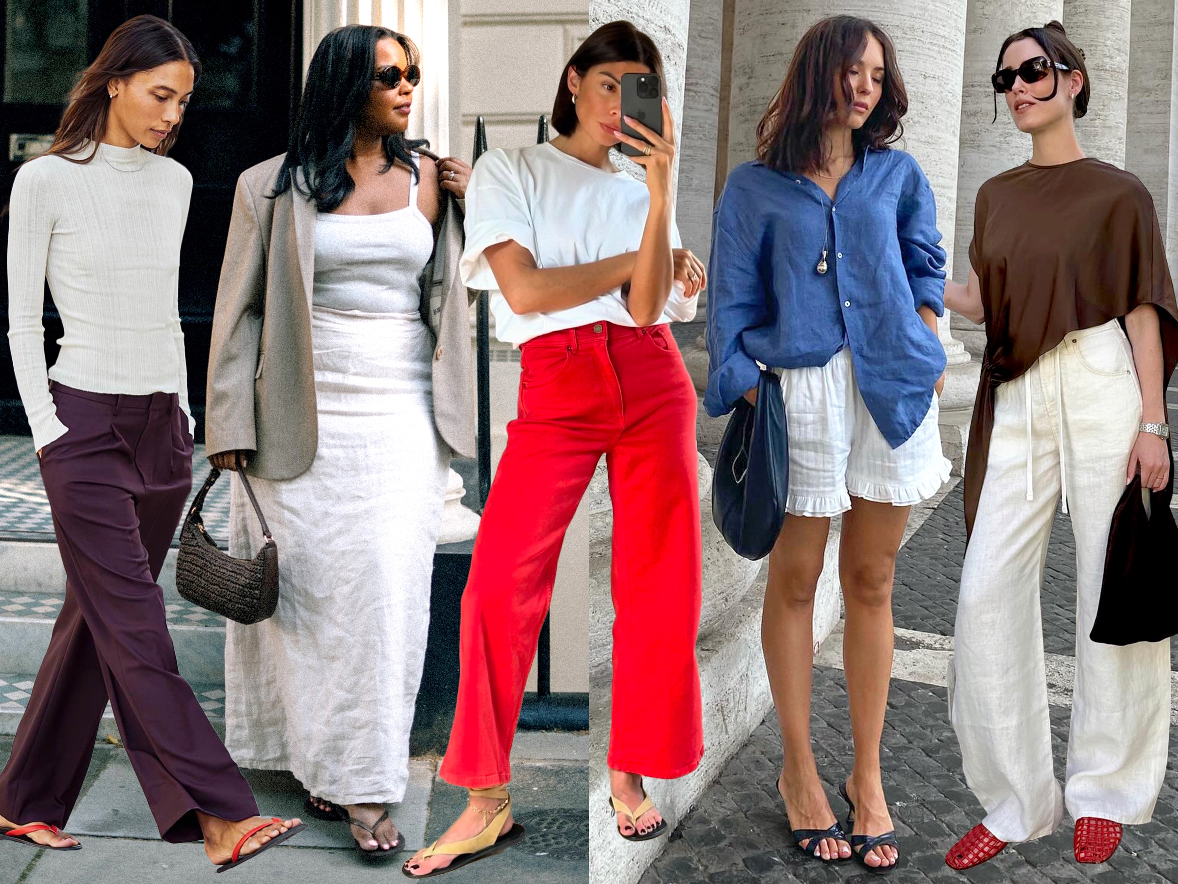 a fashion collage of style influencers wearing the chicest sandals trends of 2025 including flip-flips, suede sandals, mule kitten-heels, and jelly sandals