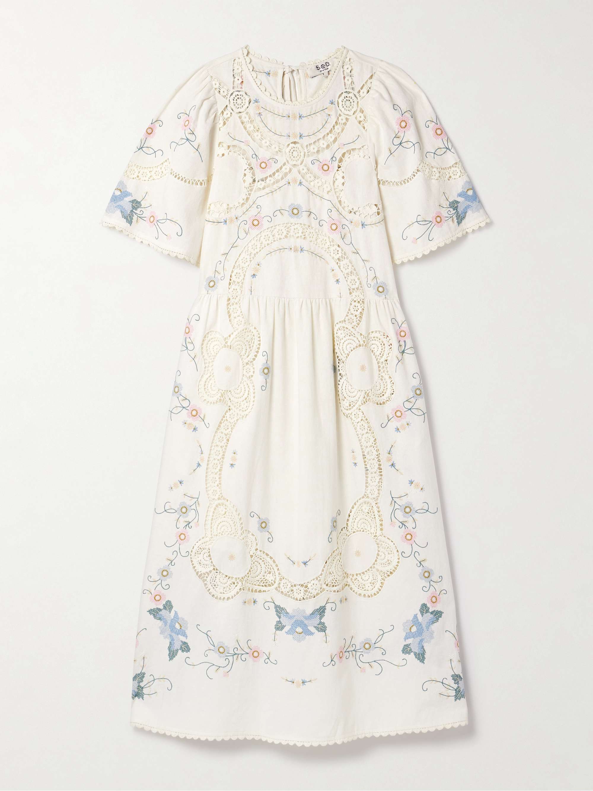 Vesna Broderie Anglaise-Trimmed Embroidered Cotton and Linen-Blend Midi Dress