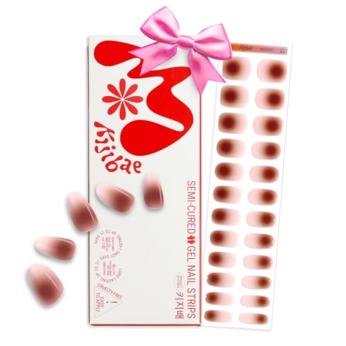 Kijibae 60% Semi-Cured Gel Nail Strips Kit (chocolate Bar) – Long Lasting, Easy to Apply Premium Nail Set, 24 Pcs, Includes 2 Prep Pads, Nail File, Cuticle Stick