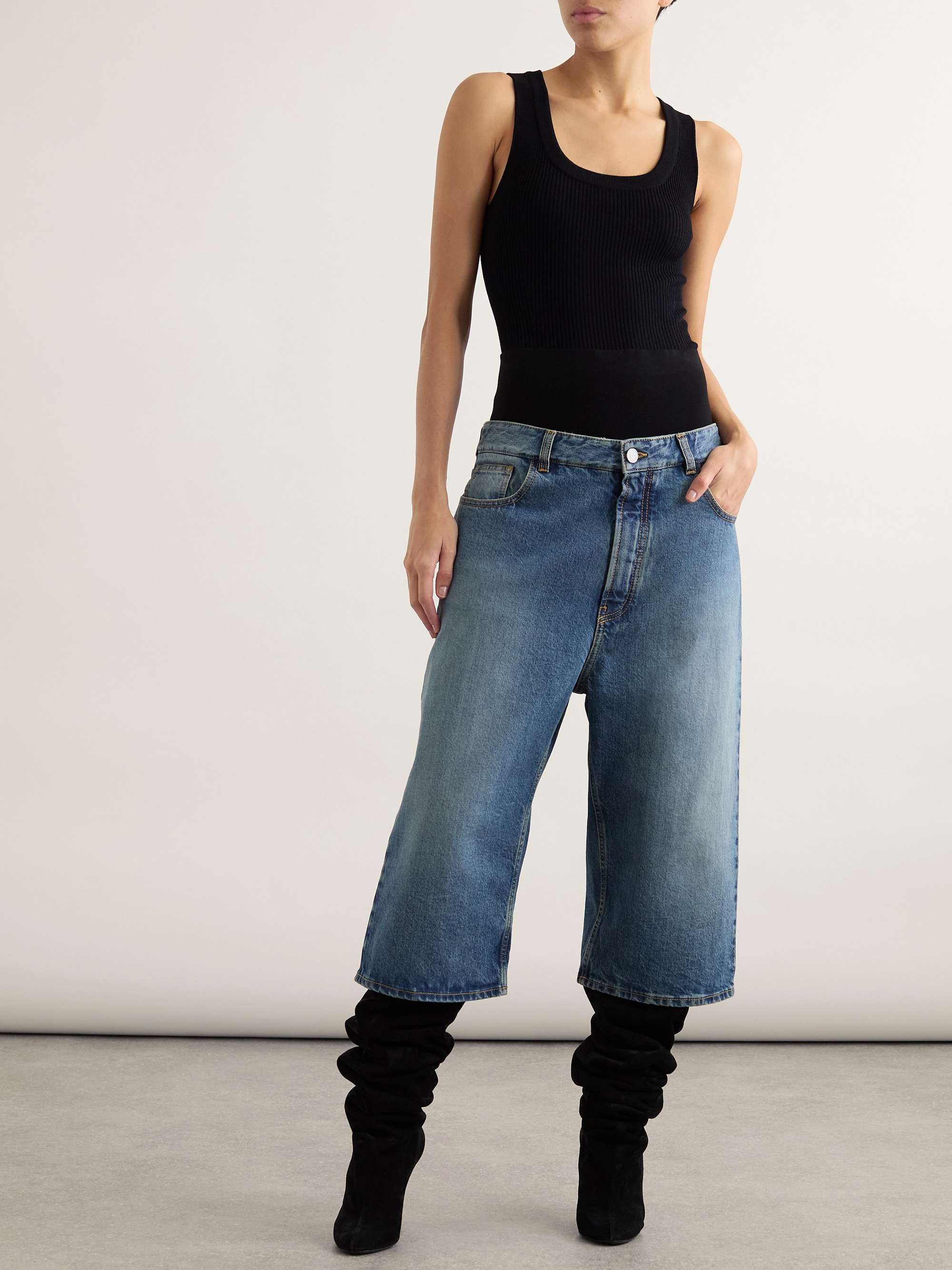 Jersey-Trimmed Denim Shorts