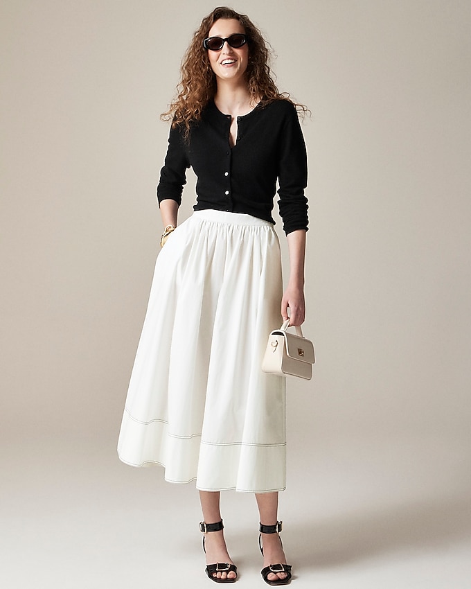 Contrast-Stitch Midi Skirt in Cotton Poplin